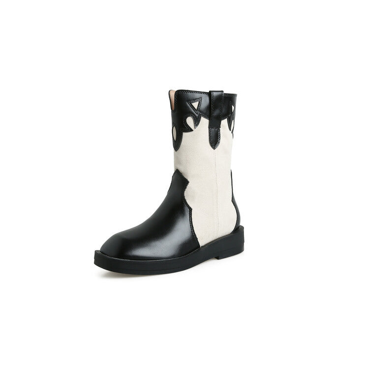 Retro Color Block Carved Square Head Middle Boots