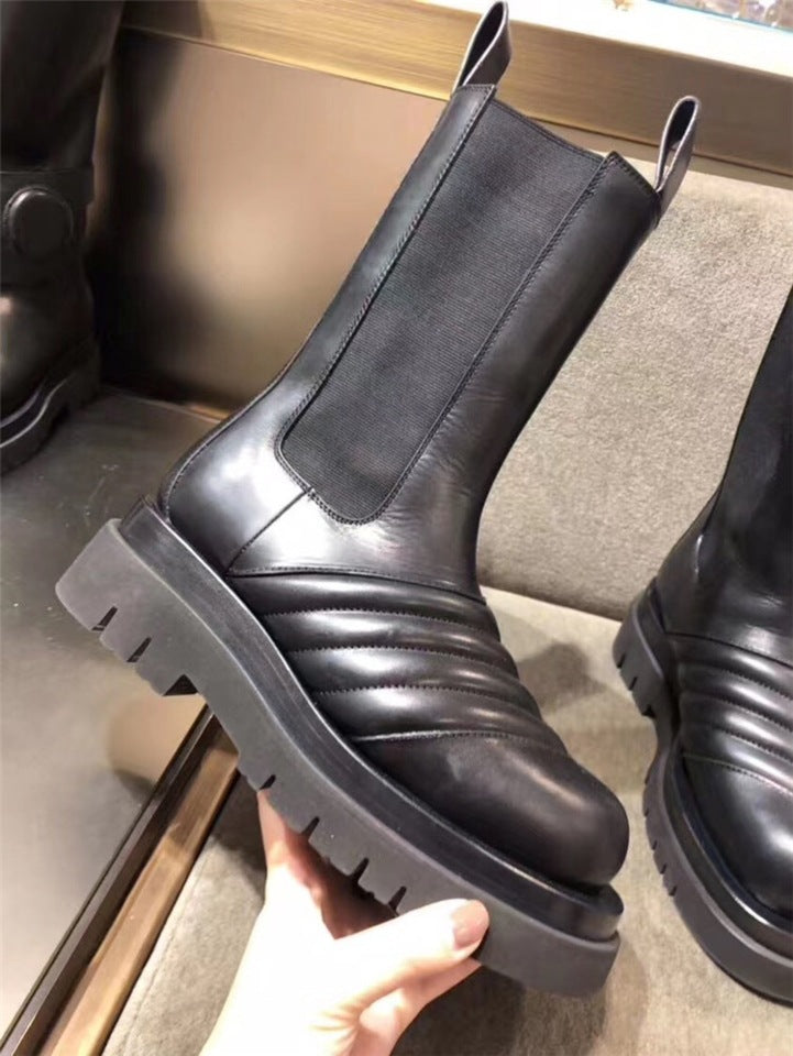 Thick-soled Leather Thick Heel Middle Boots