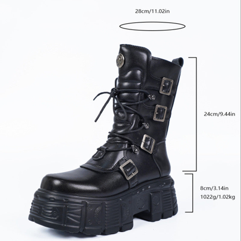Dark Punk Metal Tank Platform Lace-up Middle Boots Gothic Martin Boots