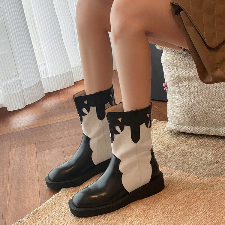 Retro Color Block Carved Square Head Middle Boots