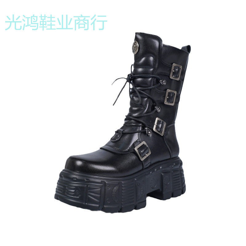 Dark Punk Metal Tank Platform Lace-up Middle Boots Gothic Martin Boots