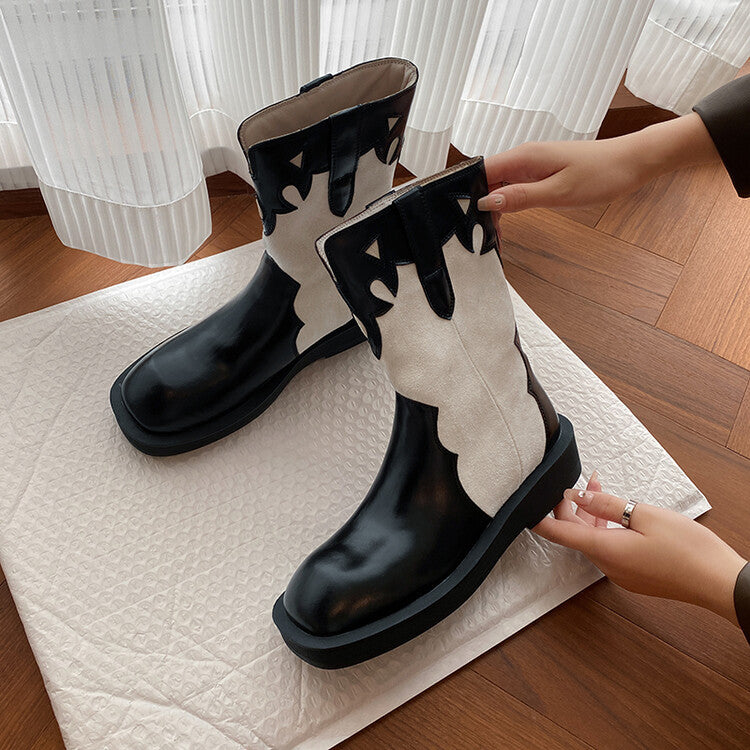 Retro Color Block Carved Square Head Middle Boots