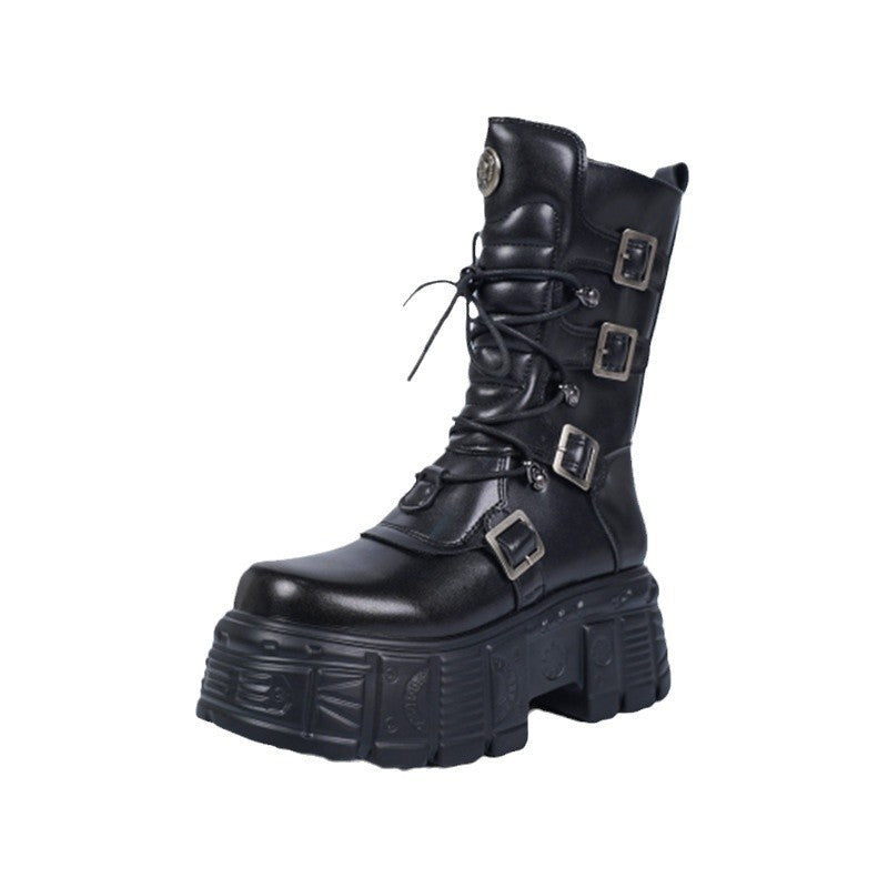 Dark Punk Metal Tank Platform Lace-up Middle Boots Gothic Martin Boots