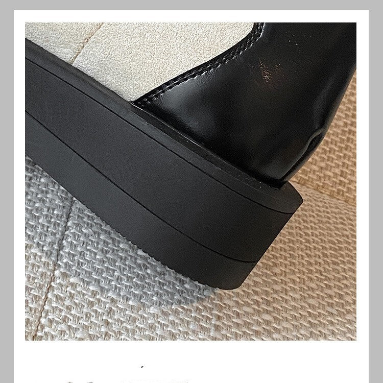 Retro Color Block Carved Square Head Middle Boots