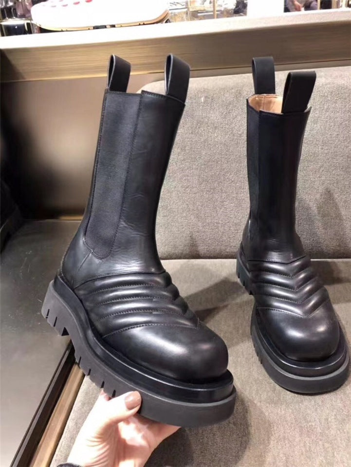 Thick-soled Leather Thick Heel Middle Boots